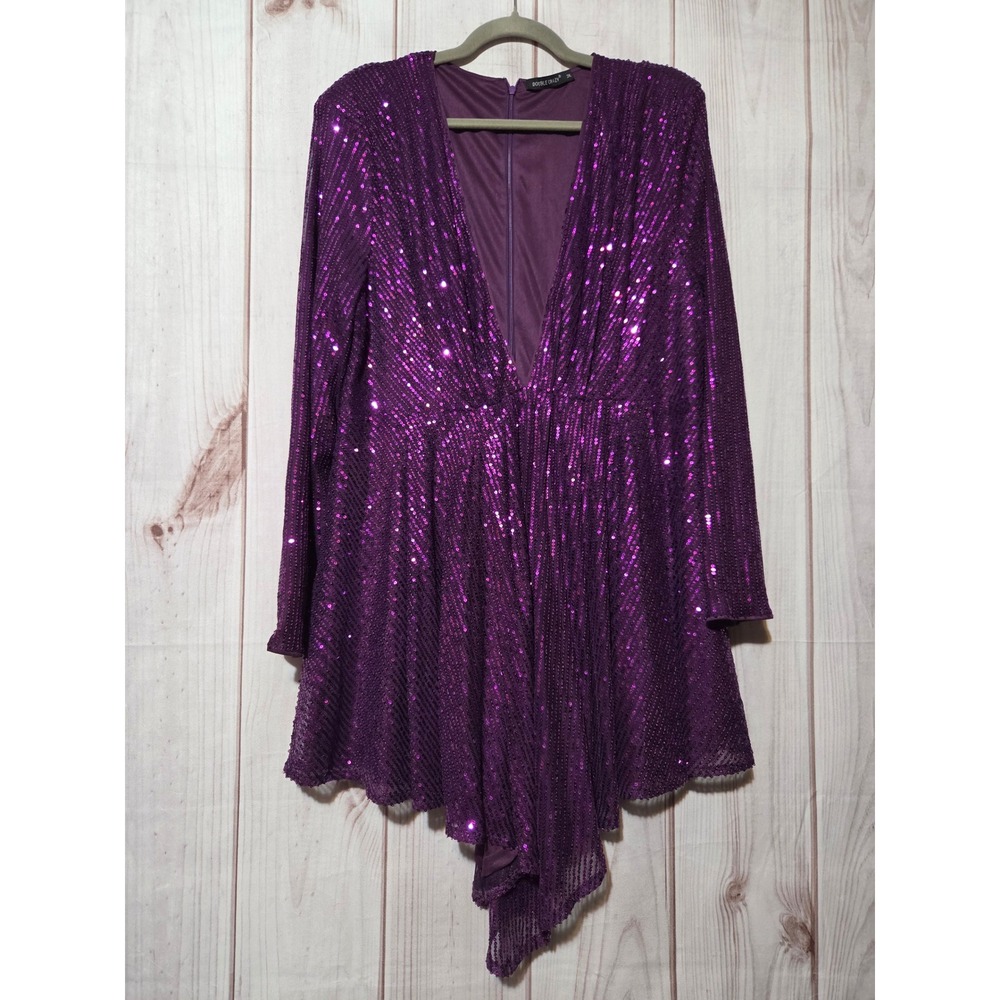 Double Crazy Purple‎ Sequin Deep V-Neck Long Sleeve Mini Dress Womens 2XL Sexy